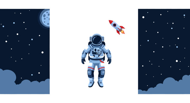 Astronaut floating in space with a rocket nearby.