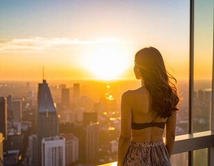 Fototapeta premium Woman enjoys a beautiful sunset over a city skyline from a high vantage point.