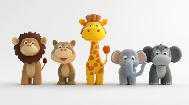 3d rendering picture of cartoon zoo animals. Lion, giraffe, bear, monkey and elephant