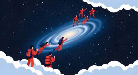 Astronauts explore a distant galaxy in outer space. © Fumio
