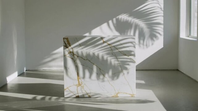 Marble pedestal with golden veins palm shadow play luxury elegance modern interior product display