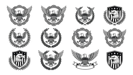Fototapeta premium Set of patriotic eagle emblems with shields and laurel wreaths for graphic design