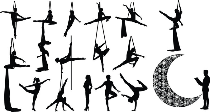 Aerial silks and pole dance silhouette collection, artistic fitness poses, circus performers vector, dancer figures with decorative moon and man reading