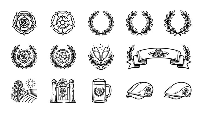 English Symbols: Tudor Rose, Laurel Wreath, Beer Mug, Flat Cap, Ribbon Banner, Landscape