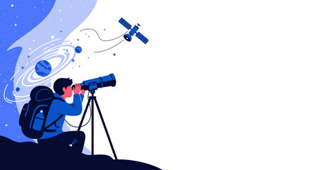 Man observing the cosmos through a telescope with a satellite in orbit. © Fumio