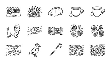 Rural British Countryside Icons: Dog, Landscape, Tea, Fossils, Puffin, Stone Wall © Gereh