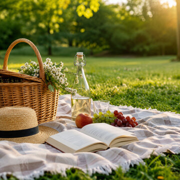 Sunny Picnic In Park With Basket Fruit And Book