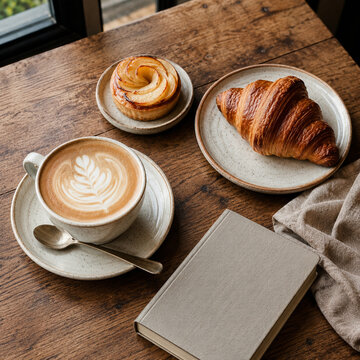 Cozy Cafe Breakfast With Latte Croissant And Pastry