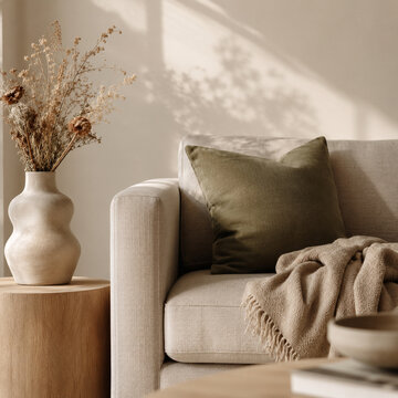Cozy Minimalist Living Room With Sofa And Dried Flowers
