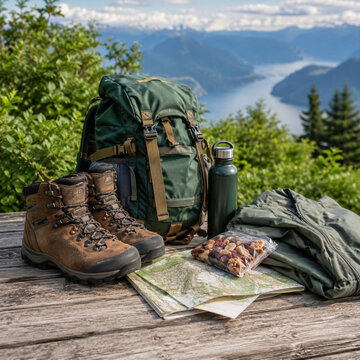 Hiking Gear With Backpack Boots And Mountain View