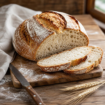 Rustic Artisan Bread With Slices On Wooden Board