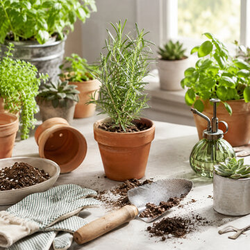Indoor Gardening Workspace With Potted Herbs And Tools