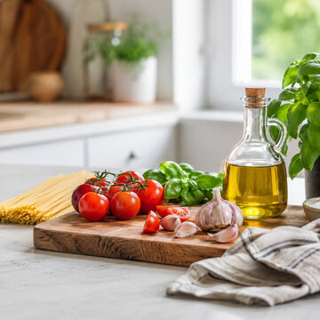 Fresh Kitchen Ingredients With Tomatoes Basil And Olive Oil
