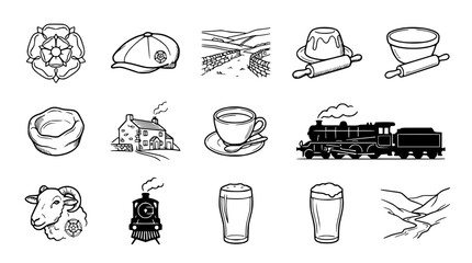 British Countryside Icons: Rose, Flat Cap, Steam Train, Pub, Yorkshire Pudding, Sheep, Landscape © Gereh