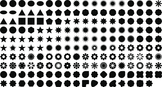 Mega collection of geometric shapes stars flowers and minimalist silhouettes for graphic design and logo creation