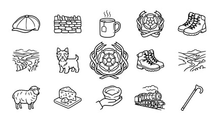 Yorkshire Icons Collection: Flat Cap, Dry Stone Wall, Tea, Rose, Boots, Dog, Sheep, Cheese, Train © Gereh