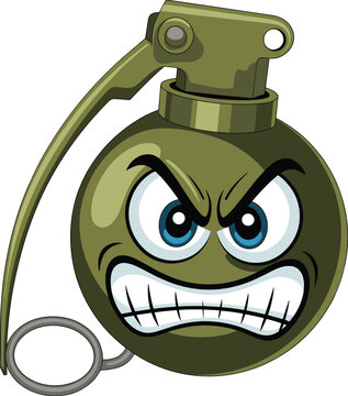 Angry cartoon grenade character with aggressive facial expression, military explosive illustration, comic style weapon icon, war concept, danger symbol, isolated on white background