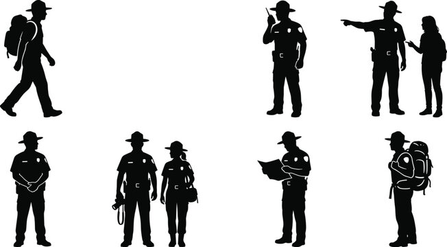 Park ranger silhouettes set featuring forest service officers guiding visitors and hiking in national park environments