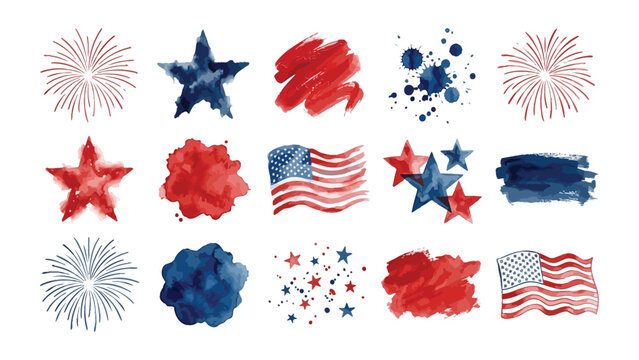Patriotic watercolor design elements set with stars fireworks and waving flags for holiday decor