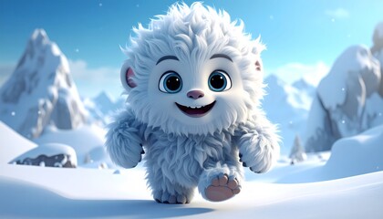 Obraz premium A cartoon yeti running in snowy mountains.