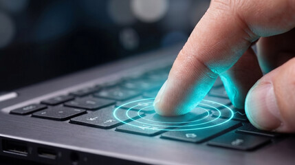 Fototapeta premium Close-up of finger pressing laptop keyboard with futuristic glowing cyan digital rings emphasizing technology activation.