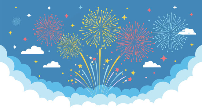 Flat vector illustration of colorful fireworks exploding in a blue sky above stylized white clouds, featuring red yellow and blue bursts with scattered sparkles and stars.