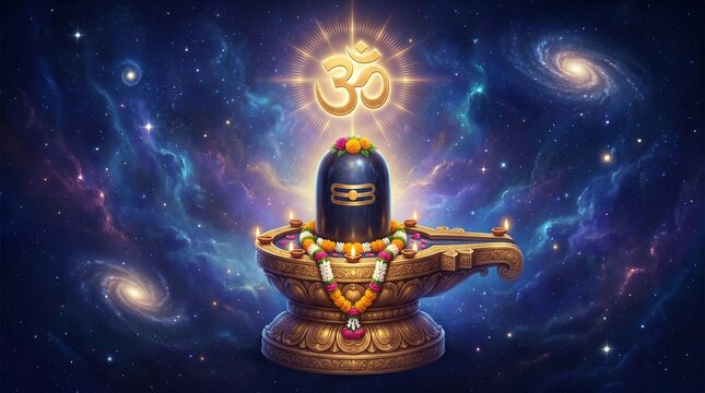 Golden glowing shiva lingam with om symbol in cosmic space background for nag panchami representing divine energy sacred power and hindu cosmic ... 