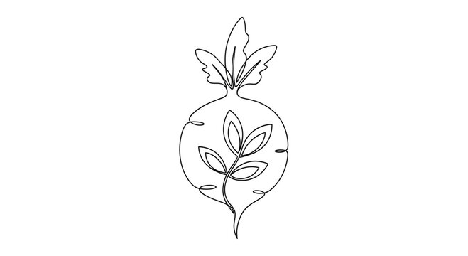 Minimalist single line drawing of a beet root with leaves, isolated on white background.