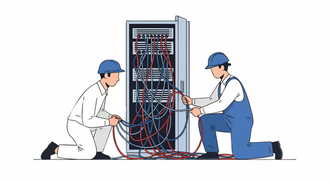 Network engineers managing tangled wires in a data center server rack