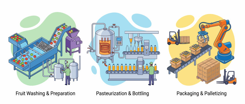 Industrial Fruit Juice Production and Automated Packaging Process