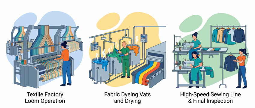 Textile Manufacturing and Garment Production Process Illustration