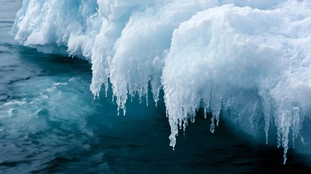 Antarctic ice melt with icicles hanging over dark cold frozen water showing natural texture and cold ocean environment winter
