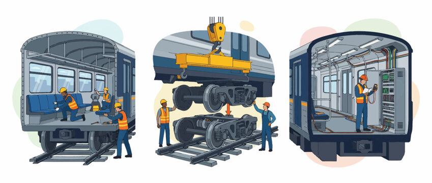 Train Manufacturing and Railway Engineering Process Illustration