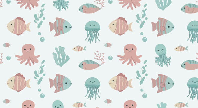 Pastel sea creatures pattern with jellyfish and octopus in a soft blue and pink palette for seamless ocean wallpaper