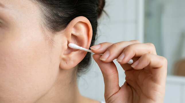 Ear Cleaning Process, Cotton Swab Usage, Personal Hygiene Routine, Earwax Removal, Health and Wellness Product Advertising