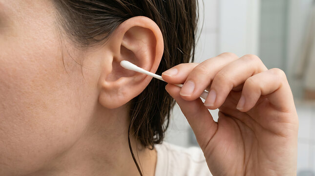 Ear Cleaning Hygiene Routine with Cotton Swab; Personal Care and Health Product Advertising; Daily Grooming and Self-Care