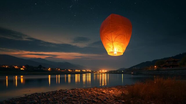 Glowing lantern floating over river night starry sky mountain silhouette reflection orange light water landscape peaceful calm