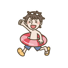 浮き輪をつけた元気な男の子の夏休みイラスト © pochico