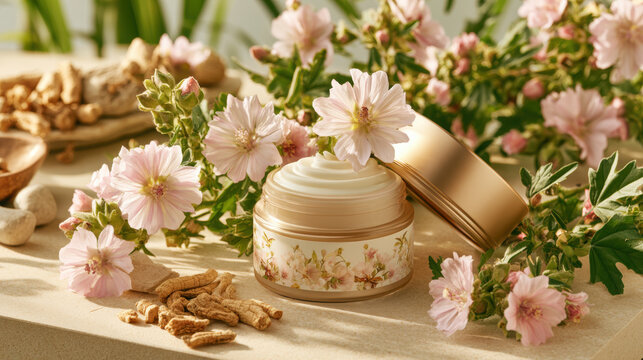 Cosmetic cream beauty cream face cream skin care moisturizer marshmallow root herbal natural, open jar with pink flower and warm sunlight beige