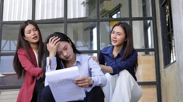 Unemployed asian businesswoman feeling desperate after getting fired. Two female colleagues comforting their sad friend after she lost her job. Unemployed woman feeling stressed and depressed.