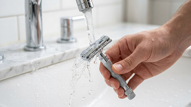 Man Rinsing Safety Razor Under Running Water in Bathroom Sink for Personal Grooming and Hygiene Routine