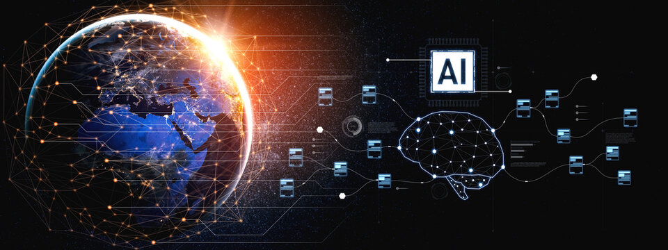AI neural network and data processing system visualizing artificial intelligence with brain structure, chip, and connected data blocks for computation and learning Vouch
