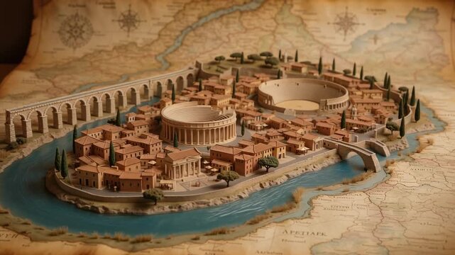 Ancient Roman city model with aqueduct amphitheater and historic architecture on vintage map background