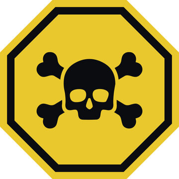 A stark yellow octagon warning sign featuring a prominent black skull and crossbones, signifying danger or poison, commonly used for hazard alerts