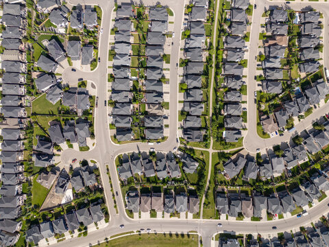 Aerial view of new homes in a residential area of Calgary, Alberta, Canada.