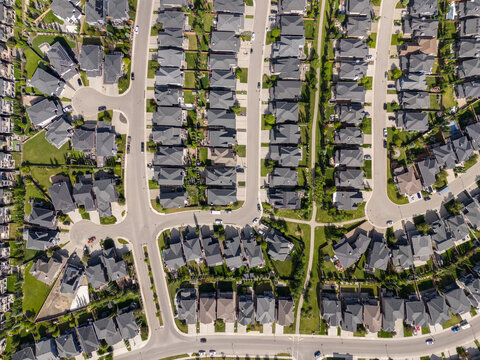 Aerial view of new homes in a residential area of Calgary, Alberta, Canada.