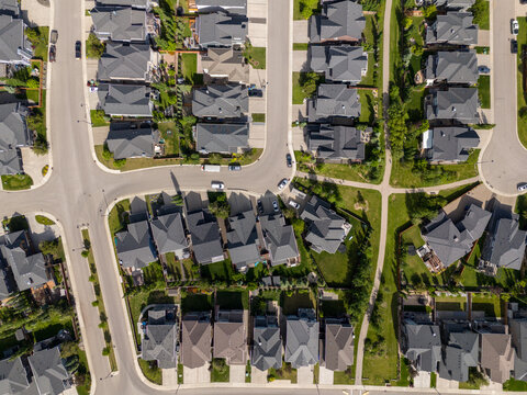 Aerial view of new homes in a residential area of Calgary, Alberta, Canada.