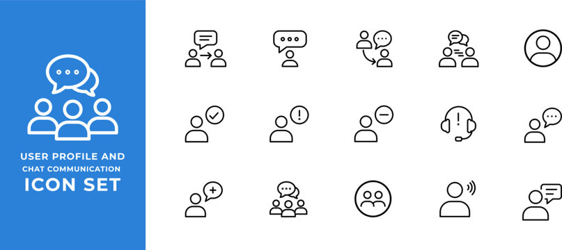 User profile and chat communication icon set representing digital avatar speech bubble, team messaging discussion and customer service headset support. Symbol of online network forum
