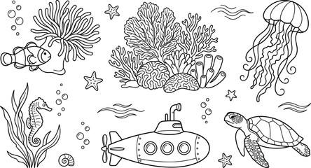 Underwater sea life vector icon set with submarine turtle jellyfish clownfish coral for coloring book © Sabbir Studio