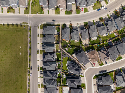 Aerial view of new homes in a residential area of Calgary, Alberta, Canada.